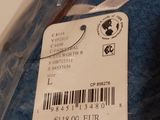 a blue towel with a white tag on it