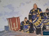 un tableau représentant un groupe d'hommes jouant du tambour