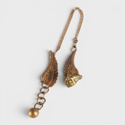 a close up of a pair of earrings on a white surface