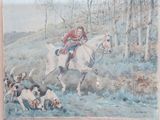 painting of a man on a white horse with hounds in the background