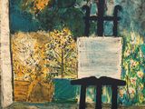 a painting of a cross on a table in front of a window