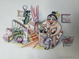 painting of a clown and a little girl in a living room