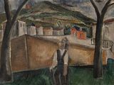 a painting of a man standing in front of a building