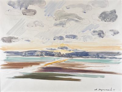 une image représentant un tableau où l'on voit un ciel nuageux au-dessus d'une plage