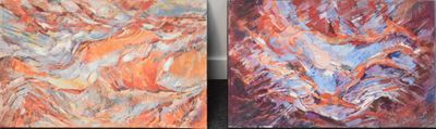 two paintings of different colors are shown on a black surface