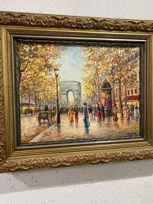 tableau représentant une scène de rue avec des passants marchant sous la pluie