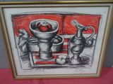 drawing of a still life with a bowl of fruit and a jug of wine