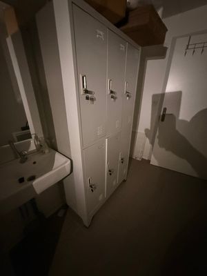une salle de bains équipée d'un lavabo, d'un miroir et de casiers