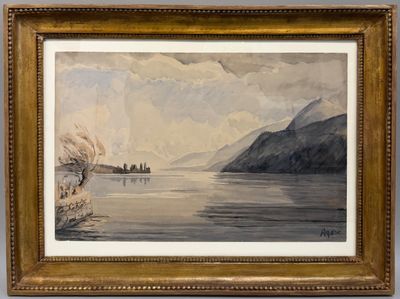 une image représentant un tableau d'un lac avec une montagne en arrière-plan