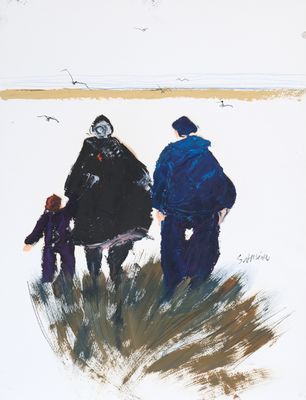 tableau représentant deux personnes marchant dans la neige avec un enfant