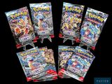 six paquets de cartes à collectionner Pokémon sur fond noir