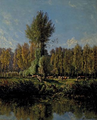 peinture représentant une scène fluviale avec des vaches qui paissent au premier plan et des arbres à l'arrière-plan