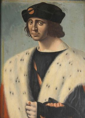 un tableau représentant un homme vêtu d'un manteau de fourrure et d'un chapeau noir