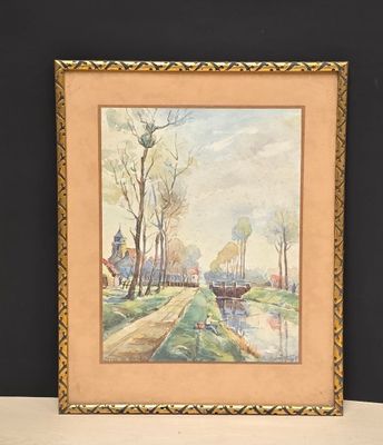 une image représentant un tableau d'une route de campagne dans un cadre doré