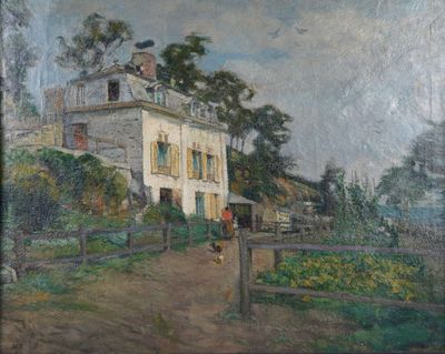 an oil painting of a house with a fence in front of it