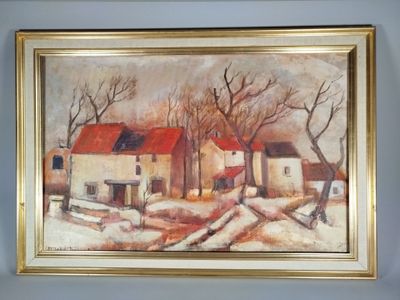 une image d'un tableau représentant un village dans la neige