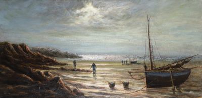 a painting of a boat on the beach by the water