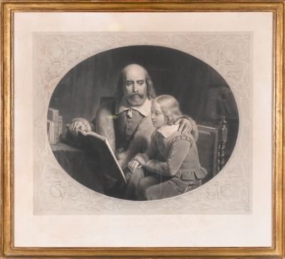 an old picture of a man and a child reading a book