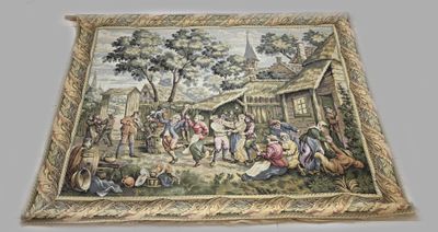 une image représentant une tapisserie sur laquelle est représentée une scène de village