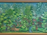 tableau représentant une scène forestière avec des personnages et des animaux