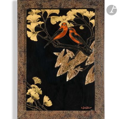 un tableau représentant deux oiseaux perchés sur une branche d'arbre
