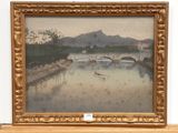 a picture of a painting of a bridge over a river