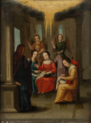 an oil painting of a group of people in a room