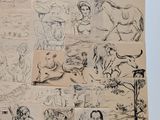 several drawings of people and animals on a sheet of paper