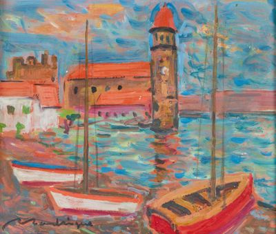 painting of boats in a harbor with a clock tower in the background