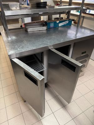 stainless steel counter top in a commercial kitchen with stainless steel cabinets