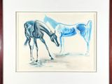 a painting of two horses standing next to each other