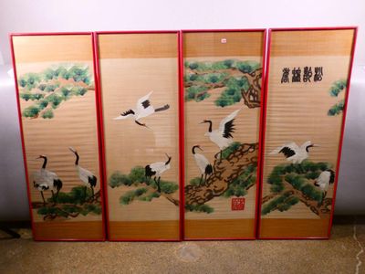 four panel screen with cranes and pine trees painted on it
