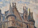 a painting of a building with a clock on it