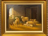 a painting of sheep and lambs in a barn