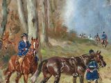 painting of a group of men riding horses in a wooded area