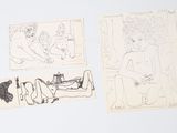 trois dessins représentant un homme et une femme assis sur un canapé