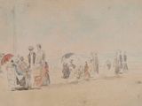 un dessin représentant un groupe de personnes sur la plage