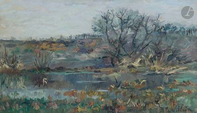 painting of a landscape with a river and trees in the foreground