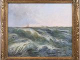 a painting of a sailboat in a rough ocean with waves