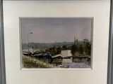 painting of a boat in a body of water near a building