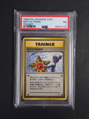 a close up of a pokemon trading card in a plastic case