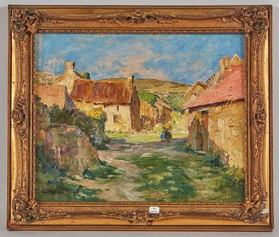 une image représentant une peinture d'un village avec un chemin de terre au premier plan