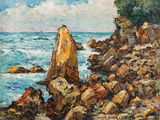 tableau représentant une plage rocheuse avec un voilier au loin