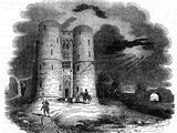 an old drawing of a castle with a man on a horse in front of it