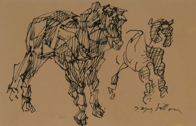 a drawing of a horse and a horse drawn by a man