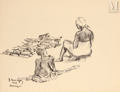 dessin représentant une femme et un enfant assis sur la plage, avec des bateaux en arrière-plan