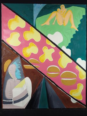 painting of a woman sitting on a bench in front of a painting of a man