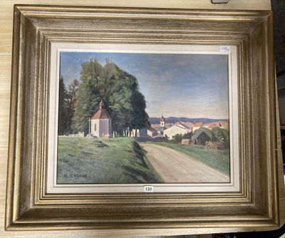 une peinture à l'huile représentant une route de campagne avec une église en arrière-plan