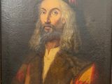 painting of a man with a beard and a red hat in a wooden frame