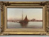 l'image d'une peinture représentant un voilier dans un plan d'eau